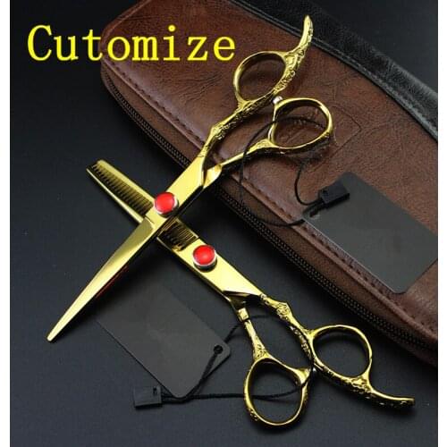 Customize 440c 6 inch gold plum handle cutting barber scisor cut hair scissor thinning shears tools hairdressing scissors set