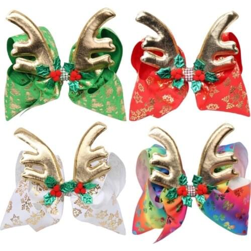 Cheer Bows Antlers Diamond Red Fruit Glitter Hair Clip Christmas Snowflake Print Bows Hairpin For Baby Girls Hair Accessories