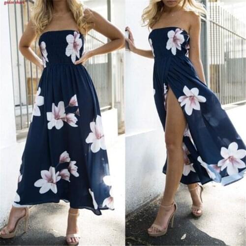 2021 Bohemian Beach Dress Women Summer Casual Sleeveless Split Floral Off Shoulder Maxi Long Boho Dress Clothing Robe Female