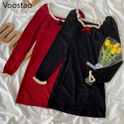 Vintage French Women Elegant Slim Knitted Dress Spring Autumn Sexy Square Collar Lace Bow Long Sleeve Party Dresses Girl Vestido