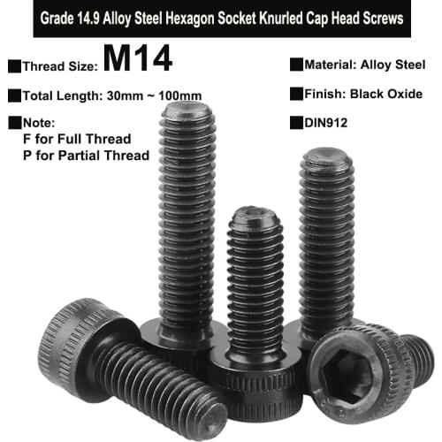 1Pc M14 Grade 14.9 Screws Alloy Steel Super High Strength Hexagon Socket Knurled Cap Head Full Thread and Partial Thread DIN912