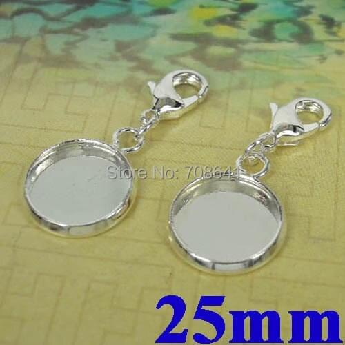 25mm New Silver tone Circle Edge Bezel tray w/ Lobster Clasps Pendant Setting Blank Cameo CABs Jewelry Findings Making Wholesale