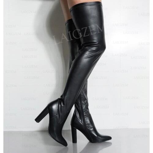 BERZIMER SEXY Women Over Knee Heels Boots Faux Leather Chunky High Heels Thigh High Zapatos Botas Shoes Woman Big Size 43 45 47