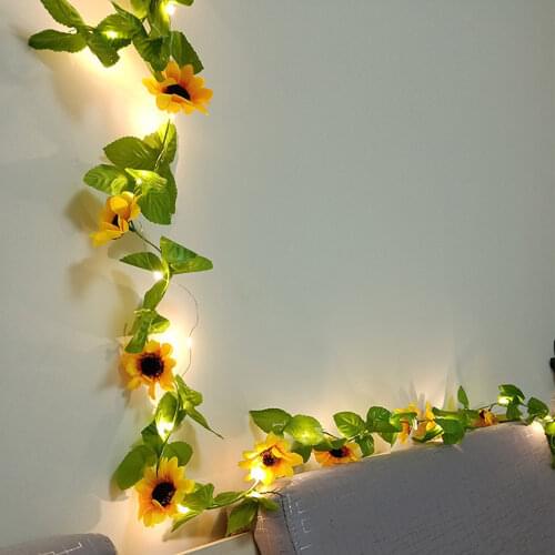 2m20leds Sunflower Vine String Lights Battery Operated Flexible Artificial Leaf Vine LED Lamp for Bedroom Living Room Decoration