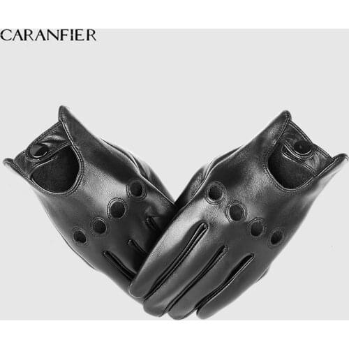 CARANFIER Mens Genuine Sheepskin Leather Gloves Driving Car Motorcycle Bike Goatskin Touch Screen Mittens Breathable Male Gloves