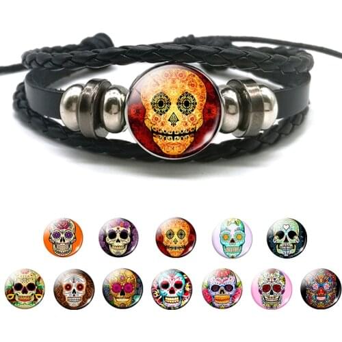 Men Steampunk Sugar Skull Alloy Button Black Braided Wrap Bracelet Day of The Dead Jewelry Women Charm Bracelet