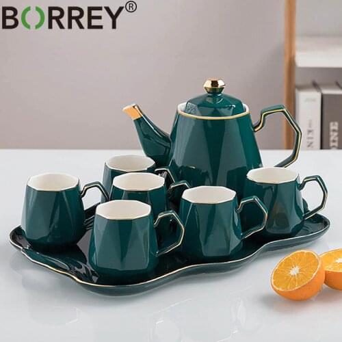 BORREY British Tea Set Ceramic Teapot Teacup With Tea Tray Porcelain Coffee Cup Mug Teatime Teapot Flower Tea Kettle Coffee Pot