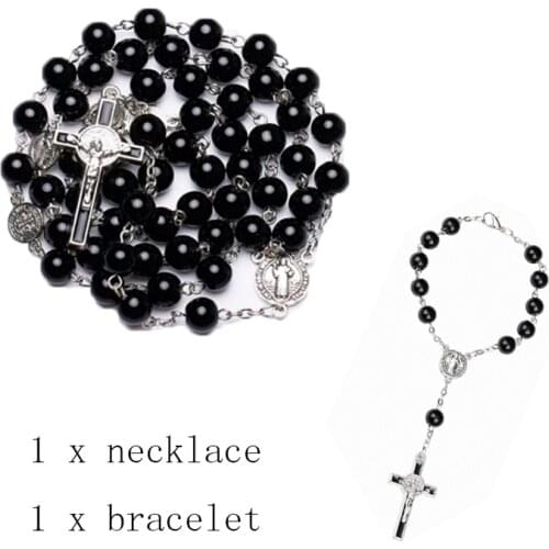 Religious Jewelry 2pcs/set Jesus Catholic Rosary Virgin Mary Black Beads Cross Necklace Bracelet Set