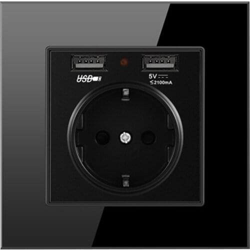 Wall Crystal Glass Panel Power Socket with Dual USB Plug Charger, AC110~250V 16A EU Standard Wall Electrical Outlet
