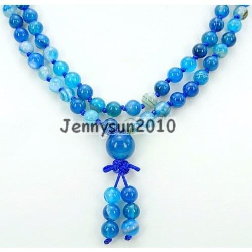 Natural Blue Stripe Ag-ate 6mm Gems Stone Buddhist 108 Beads Prayer Mala Knot Necklace Multi-Purpose 5Strands/Pack