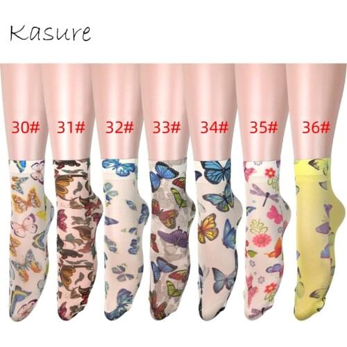 KASURE Butterfly Print Yellow Color Long Socks For Women Girls New Fashion Elastic Spring Summer Ankle Socks For Women