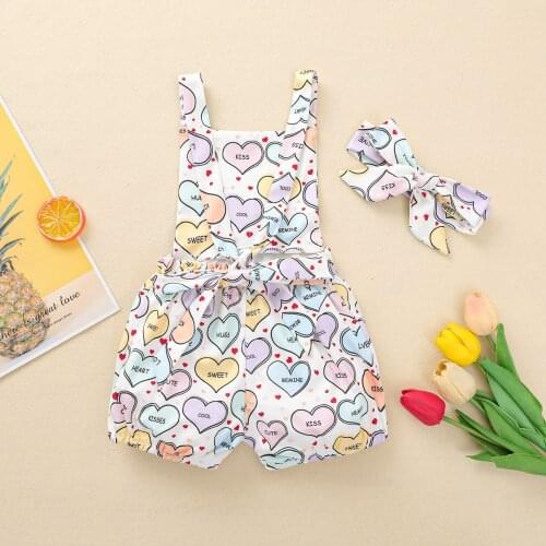 Newborn Infant Baby Girls Lovely Heart Print Suspender Pant Short+headband Bodysuit Clothes Set Outfits Baby Girls Clothes 3-18m