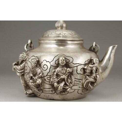 Marked CHINESE OLD WHITE COPPER HANDWORK CARVING THE EIGHT IMMORTALS TEAPOT wholesale factory Bronze Arts outlets
