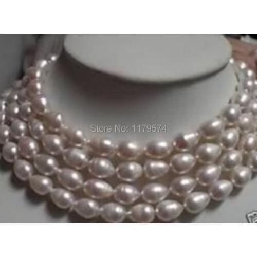New Fashion Natural Charming Lengthen 9-10mm White Rice Cultured Akoya Pearl Necklace Fashion Jewelry Making Design 48'' H0031