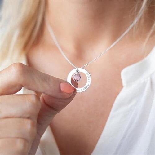 Engraving Name Necklaces For Woman Personalized customization Round Pendant 12 Birthstones Necklaces for Mom Monthers Day Gift