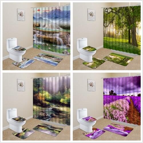 Flowers Plant Waterfall Bath Mat Bathroom Carpet Rugs Flannel Shower Curtain Home Decor Toilet U-Shaped Anti-slip Foot Rug 4 Pcs