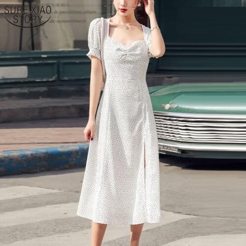 White Polka Dot Dress High Waist Summer New Split Midi Long Dress Elegant Woman Party Dress Fashion Square Collar Dresses 13278