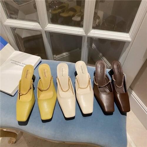 Women Pumps Square Toe Fashion Ladies Slippers Metal Chain Slip On Thin High Heels Yellow Shoes Party Pumps Summer Mules Shoes