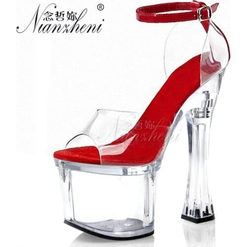 18cm Super High heeled shoes Clear Crystal Spool heels Shallow Buckle strap Womens Sandals 7 inches Fashion Cross dressing Sexy