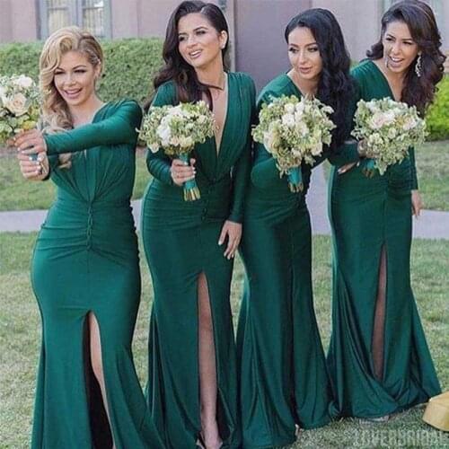 Custom Made Simple Cheap Green Long Sleeves V Neck Jersey Wedding Guest Bridesmaid Dresses