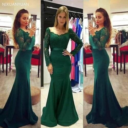 Green Evening Dresses 2021 Mermaid V-neck Long Sleeves Satin Lace Islamic Dubai Saudi Arabic Long Evening Gown Prom