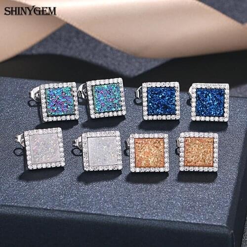 ShinyGem Square Rhinestone Women Earrings Sparkling Natural Crystal Druzy Stud Earrings AAA White Zircon Earrings Gift For Women
