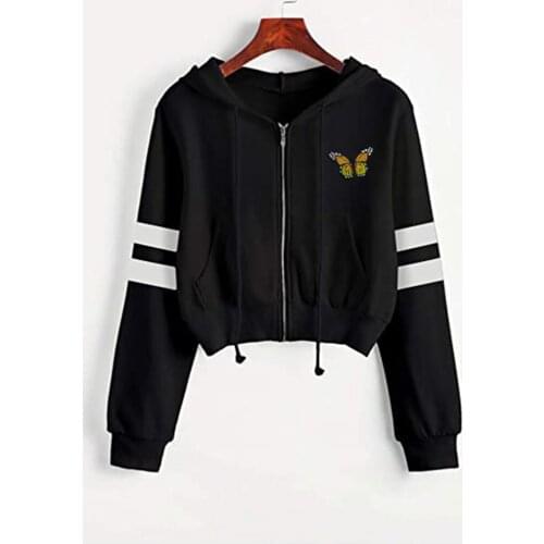 Womens Butterfly print Hooded Zipper Solid Color Girl Cropped Pullover Tops Long Sleeve Sweatshirts sudaderas de mujer moletom