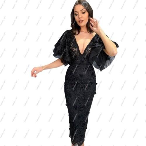 Elegant Saudi Arabia Dinner Dresses for Women V neck Ankle Length Mermaid Lace Juliet Short Sleeve Evening Formal Dress Gowns