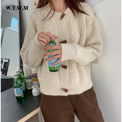 WYWM Winter Vintage Knitted Cardigans Sweater Women Korean Soft Warm 5 Colors Coat Ladies O-neck Long Sleeve Female Clothing