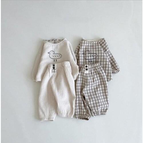 2021 new cotton girls boys 2 pcs set autumn plaid shirt+long pants soft kids suit