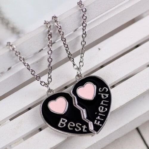 2PCS/Set Hot Pink Blue Sequin Stitching Heart Broken Best Friends Necklace Pendant Chain Friendship Jewelry Gifts for Kids