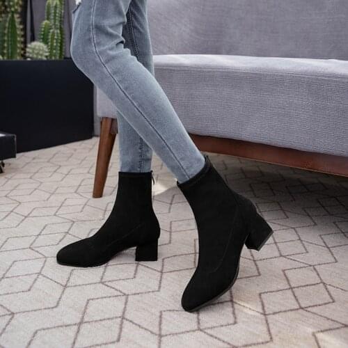 2020 new Ankle Boots For Women Square Toe Fashion Shoes Flock Winter Short Boots Zipper Square Heels Comfortable Lady Shoes31-43