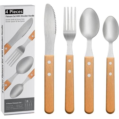 4Pcs Flatware Set Wood Handle Stainless Steel Cutlery Eco-Friendly Kitchen Utensils Knife Fork Spoon Set Dinner Tableware