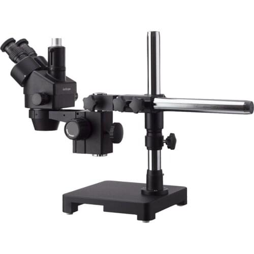 AmScope 7X-45X Black Trinocular Stereo Zoom Microscope on Single Arm Boom Stand + Fluorescent Ring Light