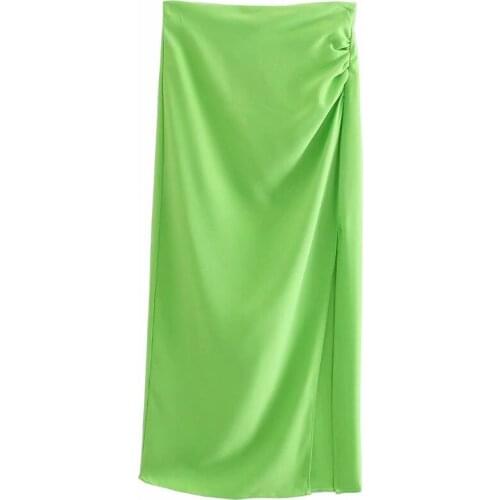 Aonibeier Thin Style Summer Fruit Green Penicl Skirts Zip-Back Ruched Split Side Woman Casual High Waist Midi Skirt 2021 Za