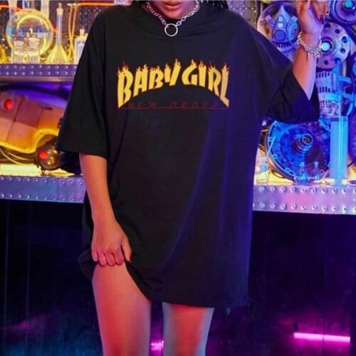 Baby Girl Flame Graphic Tee Summer Fashion Feminist Cool Grunge Harajuku Hipster Vintage T-Shirt For Women Summer Tops