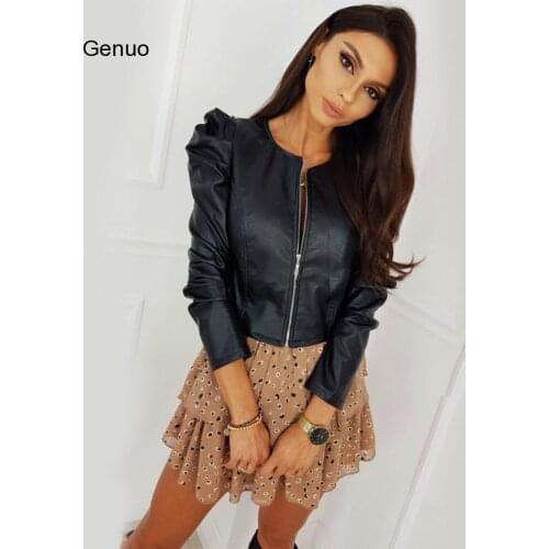 Black Faux Leather Jacket for Women Fashion Pu Leather Lady Coat Jackets with Zipper Outerwear Long Sleeve o Neck Female Top