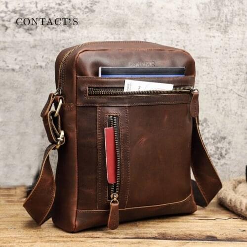 Mens Genuine Leather Shoulder Bag Male Crossbody Bags Crazy Horse Men Briefcase Small Business Work Messenger Bag For IPAD 2021
