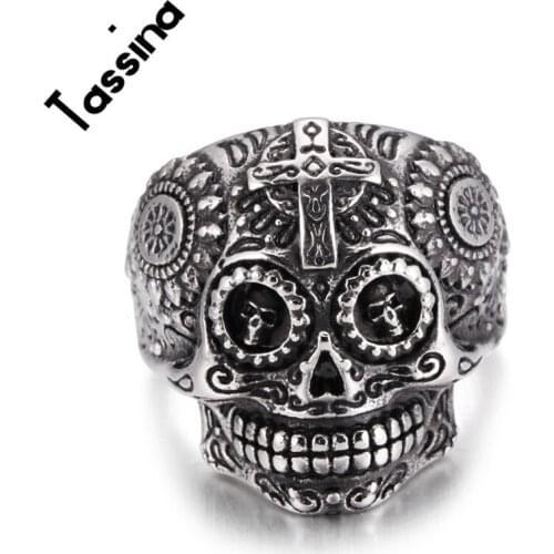 Tassina Mens Skull Head Bone Gothic Rings Gold-color 316L Stainless Steel Biker Ring For Men Party Skeleton Jewelry JMR-129
