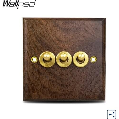 Wood 3 Gang Toggle Wall Switch Wallpad Neutral Wood Frame 86*86mm Brass ON OFF Button 2 Way Cross Stair Light Switch