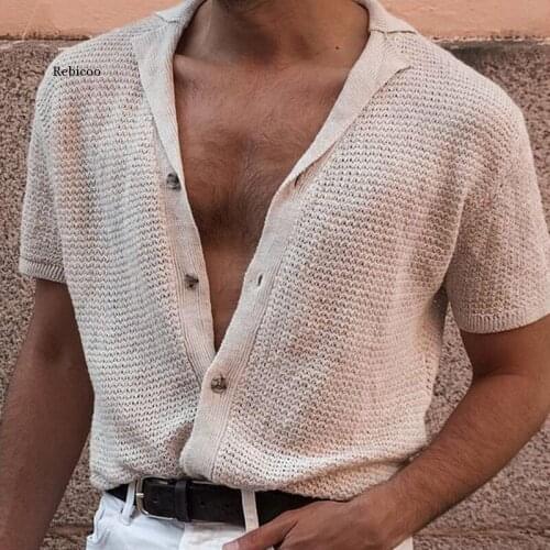 Autumn Casual Solid Khaki Knit Sweater Mens Spring Turn-Down Collar Button Tops Male Fashion Long Sleeve Loose Shirt Jumper