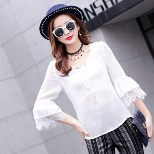 Casual Fashion Women Summer Flare Sleeve Patchwork Chiffon Lace Blouse Pullover O-neck Chiffon Top
