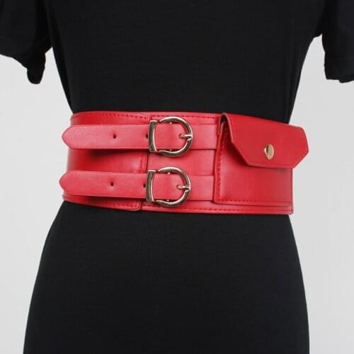 Double Buckle Pins PU Waist Belt with Bag Women High Elastic Strech Strap Wide Slim Corset Girdle Female Waist Packs Money Bag