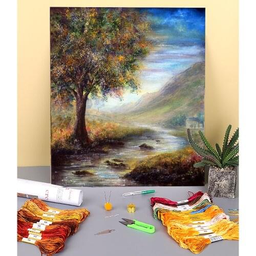 Natural Scenery Summers End Printed Water-Soluble Canvas 11CT Cross Stitch Complete Kit Embroidery DMC Threads Gift