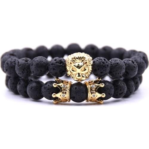 2Pcs Luxury Suit Lion Head Crown Bracelet Charm Mens CZ Micro Pavé Zircon Bracelet Golden Lion Head Copper Jewelry