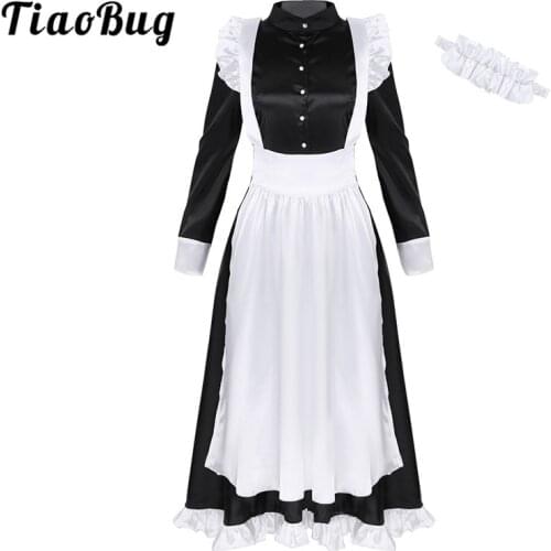 TiaoBug Women Adult Maid Cosplay Costume Halloween Long Sleeves Front Button Down Long Maxi Fancy Dress with Apron Headpiece Set