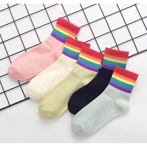 Japanese Spring Womens Ladies Striped Socks Cotton Korean Rainbow Street Fashion Sports Happy Cute Funny Harajuku Girls Socks