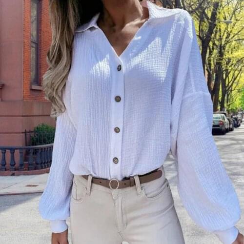 Autumn Woman Casual Button Blouse Sexy V neck Lantern Sleeve Pink White Solid Color Sweatshirt Comfortable Basic Tops New