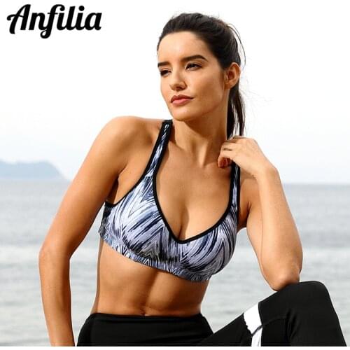 Anfilia Women Sports Bra Med Impact Support Backcross Yoga Bra Running Workout Bra Underwear Fitness Sports Top Wave Printed Bra