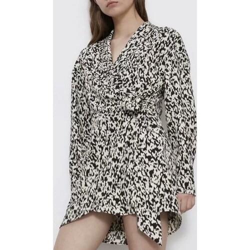 ZA 2021 Summer Women Mini Dress With Belt Long Sleeve Leopard Print Party Vestidos OL Notched Fashion Woman StreetWear